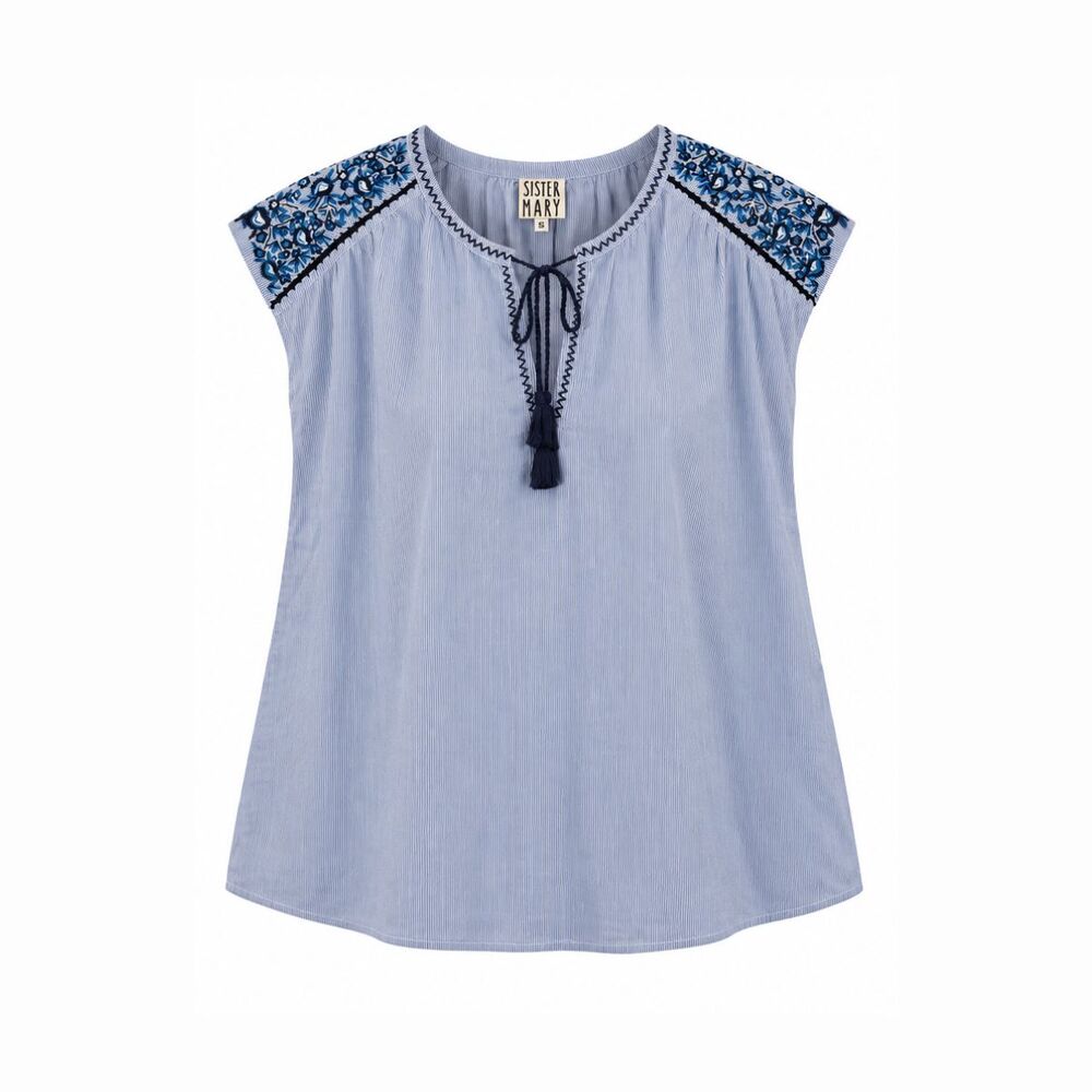 Sister Mary Womens Top Blue Slyvia Floral Embroidered Tasseled Blouse Boho Small